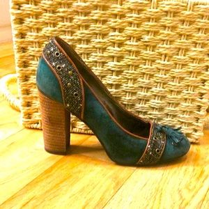 Pink Studio emerald green heels